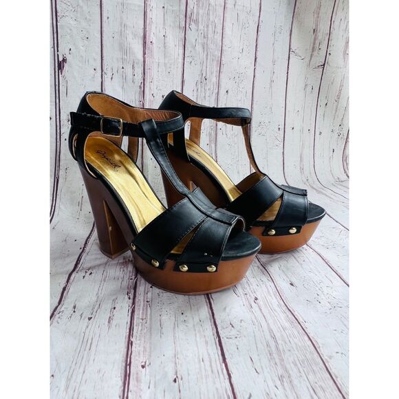 Black & Gold Studded 2" Platform w/ Brown Wood Style Chunky Block 5" Heel - Picture 3 of 10